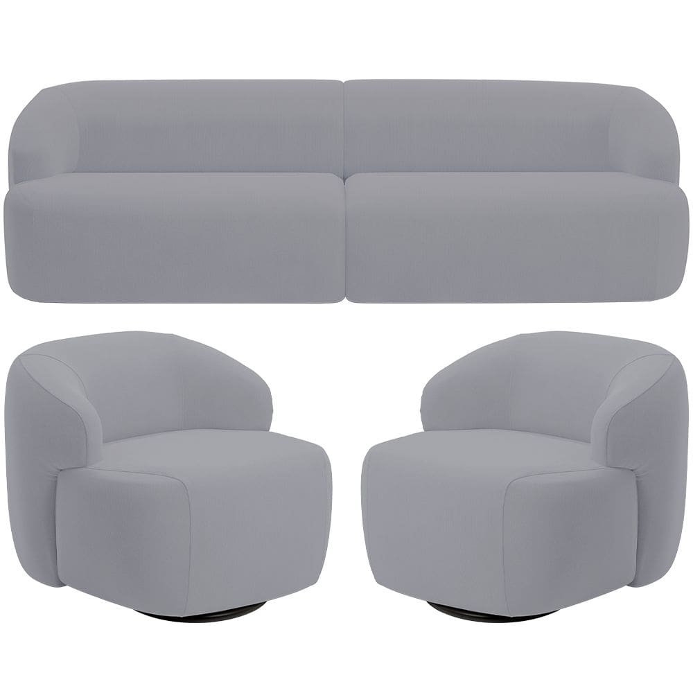Sofá 3 Lugares Curvo Orgânico com 02 Poltronas Para Sala Living 220cm Barolo L06 Veludo Cinza - Lyam Decor