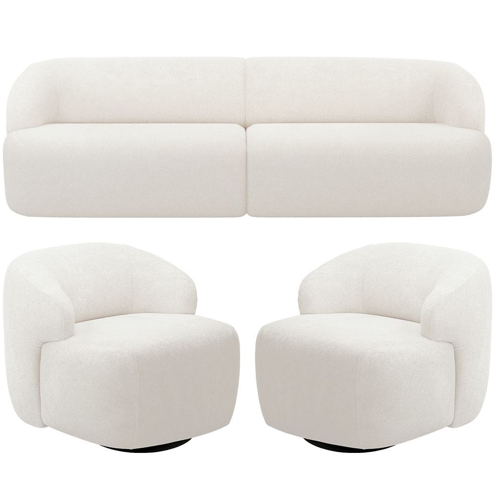 Sofá 3 Lugares Curvo Orgânico com 02 Poltronas Para Sala Living 250cm Barolo L06 Bouclê Branco - Lyam Decor
