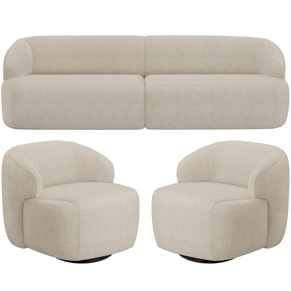 Sofá 3 Lugares Curvo Orgânico com 02 Poltronas Para Sala Living 250cm Barolo L06 Linho Bege Escuro - Lyam Decor
