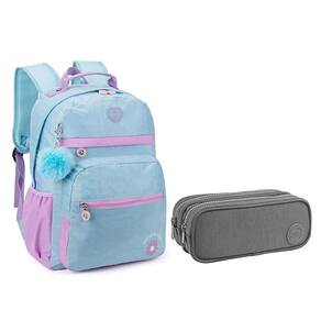 Kit Mochila Escolar Infantil KK24M14ACR e Estojo Académie Duplo Cinza - Kika