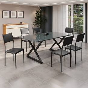 Conjunto Sala de Jantar Mesa 160x90cm Base Império Tampo Mdf Laca com Vidro Florença Preto