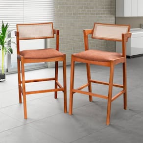 Conjunto com 2 Banquetas em Madeira Maciça, Estofada e Rattan de Fibra 100% Natural Nápoles Authenti Champagnhe/Marrom