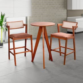 Conjunto de Mesa Bistrô Nápoles com 2 Banquetas em Madeira Maciça, Estofada e Rattan de Fibra 100% N Champagnhe/Marrom