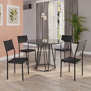 Conjunto Sala de Jantar Mesa Redonda 100cm Base Omega Tampo Mdf Laca com Vidro Florença Preto