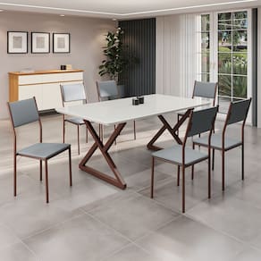 Conjunto Sala de Jantar Mesa 160x90cm Base Império Tampo Mdf Laca com Vidro Florença Grafite/Marrom