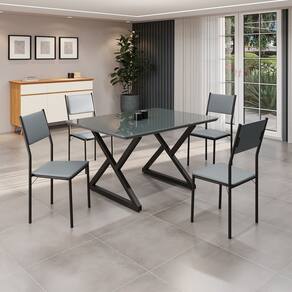 Conjunto Sala de Jantar Mesa 120x90cm Base Império Tampo Mdf Laca com Vidro Florença Grafite/Preto