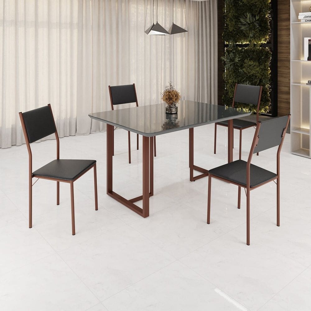 Conjunto Sala de Jantar Mesa 120x90cm Base Lunna Tampo Mdf Laca com Vidro Florença Preto/Marrom