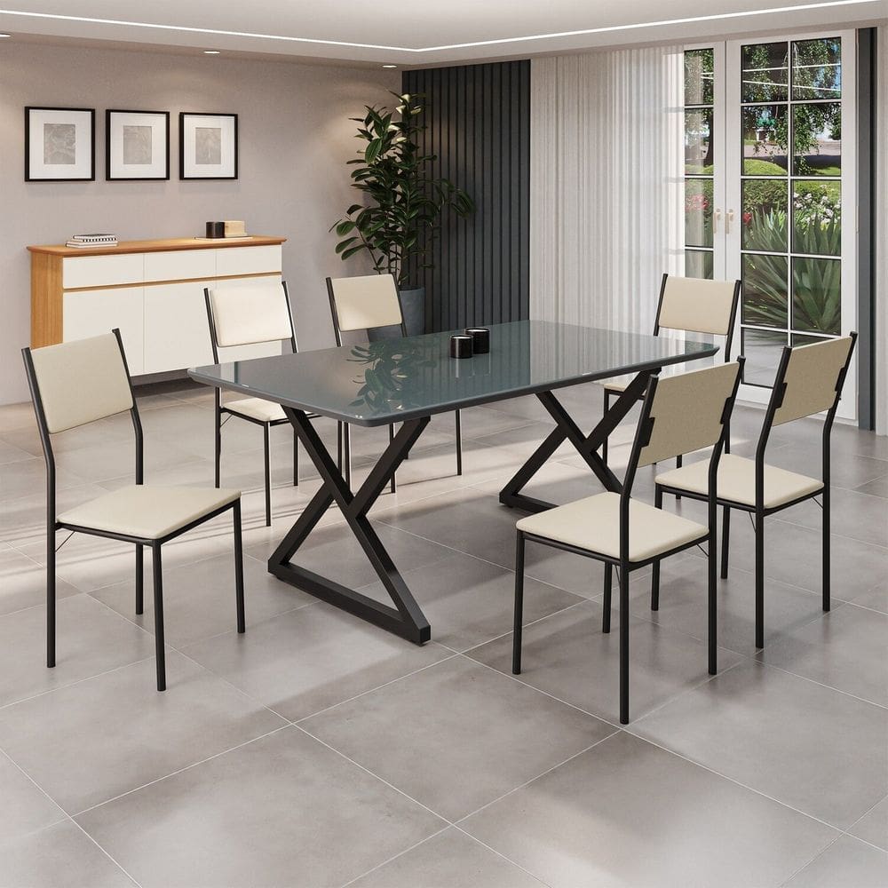 Conjunto Sala de Jantar Mesa 160x90cm Base Império Tampo Mdflaca com Vidro Florença Creme/Preto