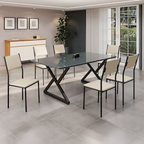 Conjunto Sala de Jantar Mesa 160x90cm Base Império Tampo Mdflaca com Vidro Florença Creme/Preto