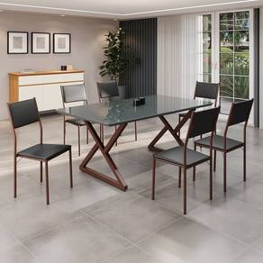 Conjunto Sala de Jantar Mesa 160x90cm Base Império Tampo Mdf Laca com Vidro Florença Preto/Marrom