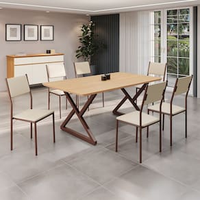 Conjunto Sala de Jantar Mesa 160x90cm Base Império Tampo Mdf Florença Creme/Marrom