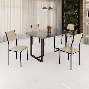 Conjunto Sala de Jantar Mesa 120x90cm Base Lunna Tampo Mdf Laca com Vidro Florença Creme/Preto