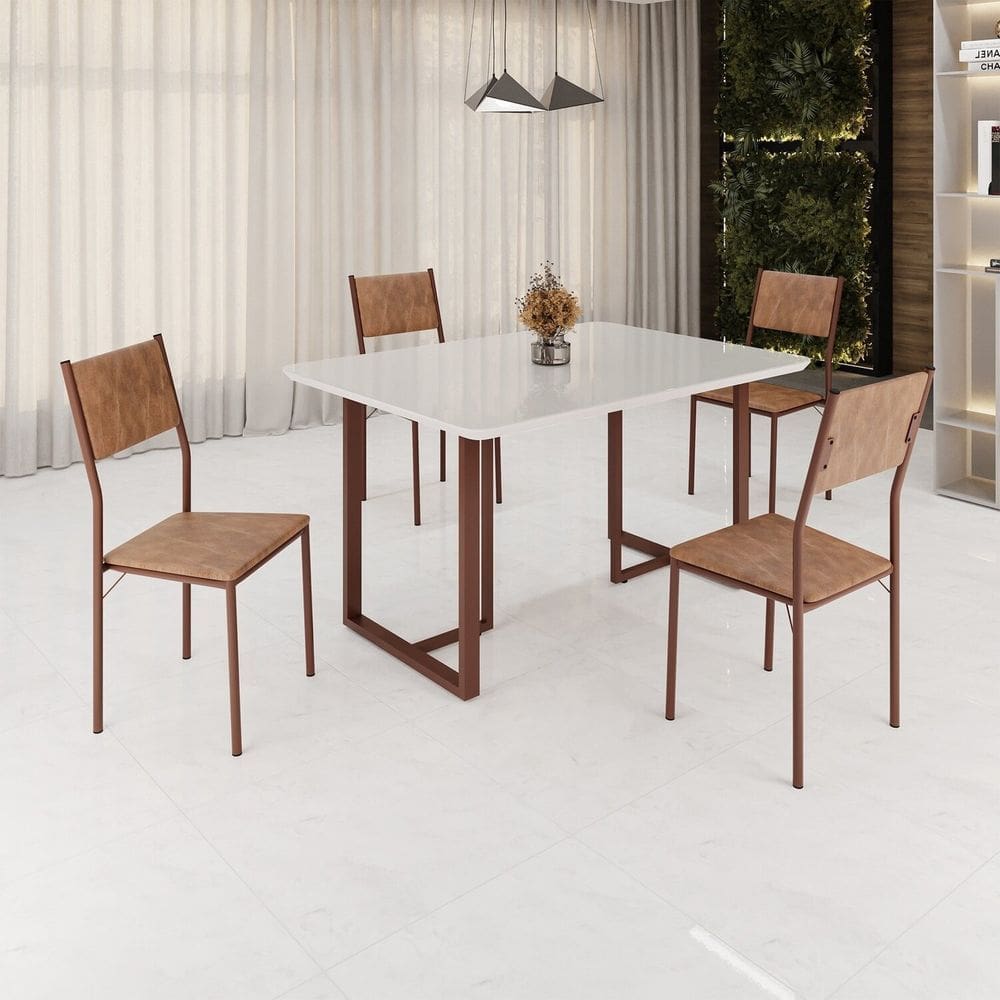 Conjunto Sala de Jantar Mesa 120x90cm Base Lunna Tampo Mdf Laca com Vidro Florença Marrom