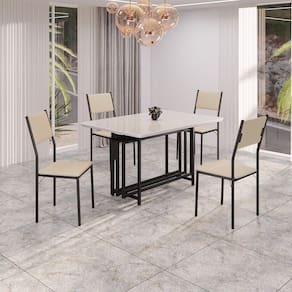 Conjunto Sala de Jantar Mesa 120cm X 90cm Base Pérola Tampo Mdf Laca com Vidro Florença Creme / Preto