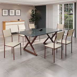 Conjunto Sala de Jantar Mesa 160x90cm Base Império Tampo Mdf Laca com Vidro Florença Creme/Marrom