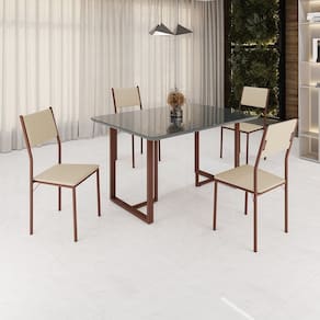 Conjunto Sala de Jantar Mesa 120x90cm Base Lunna Tampo Mdflaca com Vidro Florença Creme/Marrom