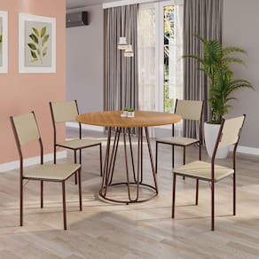 Conjunto Sala de Jantar Mesa Redonda 100cm Base Omega Tampo Mdf Florença Creme / Marrom