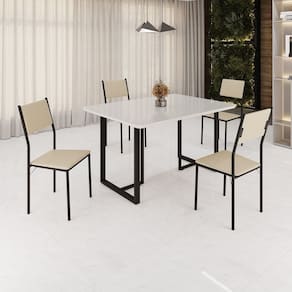Conjunto Sala de Jantar Mesa 120x90cm Base Lunna Tampo Mdf Laca com Vidro Florença Creme/Preto