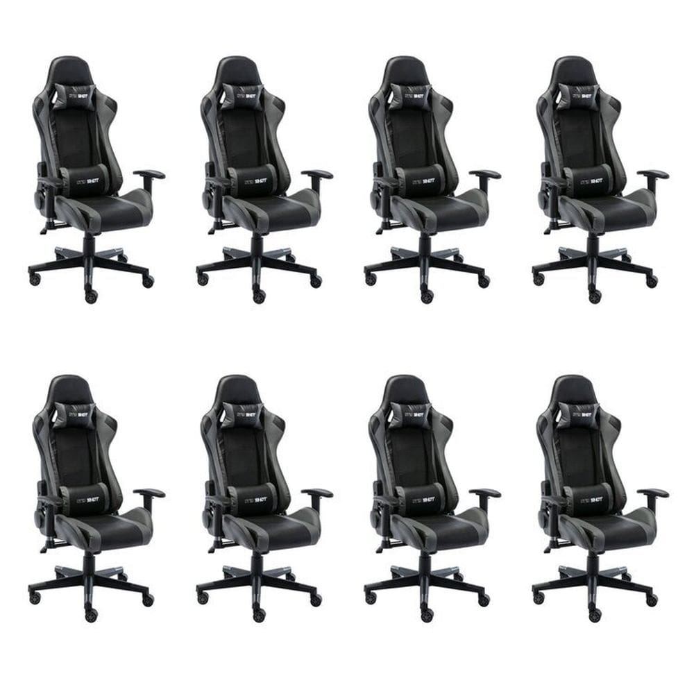 Kit 8 Cadeiras Gamer Giratória em Couro One Shot Preto/Cinza