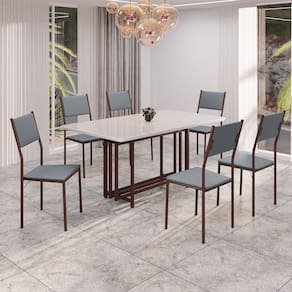 Conjunto Sala de Jantar Mesa 160x90cm Base Pérola Tampo Mdf Laca com Vidro Florença Grafite / Marrom