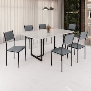 Conjunto Sala de Jantar Mesa 160x90cm Base Lunna Tampo Mdf Laca com Vidro Florença Grafite/Preto