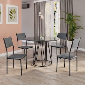 Conjunto Sala de Jantar Mesa Redonda 100cm Base Omega Tampo Mdf Laca com Vidro Florença Grafite / Preto