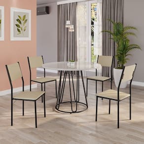 Conjunto Sala de Jantar Mesa Redonda 100cm Base Omega Tampo Mdf Laca com Vidro Florença Creme / Preto