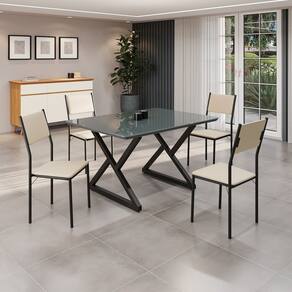 Conjunto Sala de Jantar Mesa 120x90cm Base Império Tampo Mdf Laca com Vidro Florença Creme/Preto