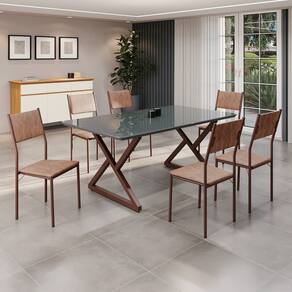 Conjunto Sala de Jantar Mesa 160x90cm Base Império Tampo Mdf Laca com Vidro Florença Marrom
