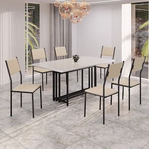Conjunto Sala de Jantar Mesa 160x90cm Base Pérola Tampo Mdf Laca com Vidro Florença Creme / Preto