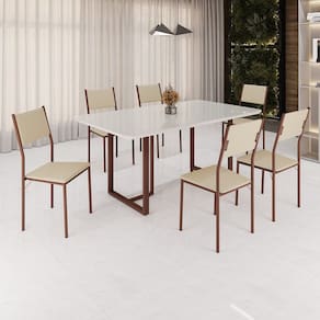 Conjunto Sala de Jantar Mesa 160x90cm Base Lunna Tampo Mdf Laca com Vidro Florença Creme / Marrom