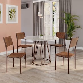 Conjunto Sala de Jantar Mesa Redonda 100cm Base Omega Tampo Mdf Laca com Vidro Florença Marrom
