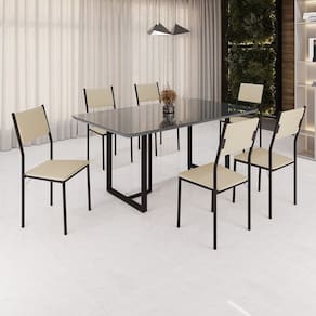 Conjunto Sala de Jantar Mesa 160x90cm Base Lunna Tampo Mdf Laca com Vidro Florença Creme/Preto
