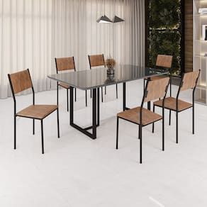 Conjunto Sala de Jantar Mesa 160x90cm Base Lunna Tampo Mdf Laca com Vidro Florença Marrom/Preto
