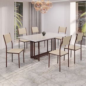 Conjunto Sala de Jantar Mesa 160cm X 90cm Base Pérola Tampo Mdf Laca com Vidro Florença Creme / Marrom