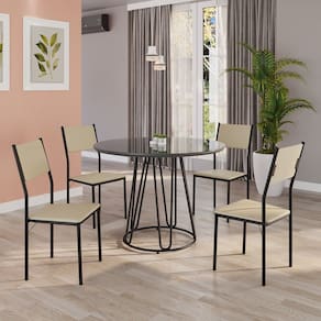 Conjunto Sala de Jantar Mesa Redonda 100cm Base Omega Tampo Mdf Laca com Vidro Florença Creme / Preto