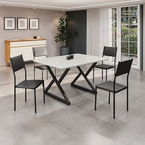 Conjunto Sala de Jantar Mesa 120x90cm Base Império Tampo Mdf Laca com Vidro Florença Preto