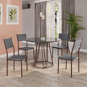 Conjunto Sala de Jantar Mesa Redonda 100cm Base Omega Tampo Mdf Laca com Vidro Florença Grafite / Marrom