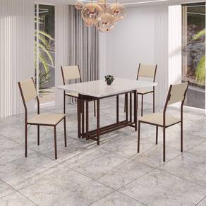 Conjunto Sala de Jantar Mesa 120x90cm Base Pérola Tampo Mdf Laca com Vidro Florença Creme / Marrom