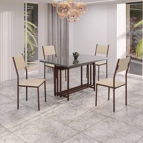 Conjunto Sala de Jantar Mesa 120x90cm Base Pérola Tampo Mdf Laca com Vidro Florença Creme / Marrom