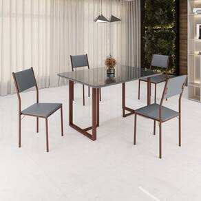 Conjunto Sala de Jantar Mesa 120x90cm Base Lunna Tampo Mdf Laca com Vidro Florença Grafite/Marrom