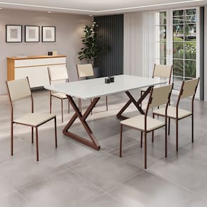 Conjunto Sala de Jantar Mesa 160x90cm Base Império Tampo Mdf Laca com Vidro Florença Creme/Marrom