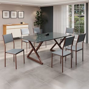 Conjunto Sala de Jantar Mesa 160x90cm Base Império Tampo Mdf Laca com Vidro Florença Grafite/Marrom