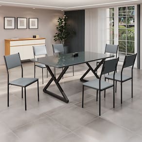 Conjunto Sala de Jantar Mesa 160x90cm Base Império Tampo Mdf Laca com Vidro Florença Grafite/Preto
