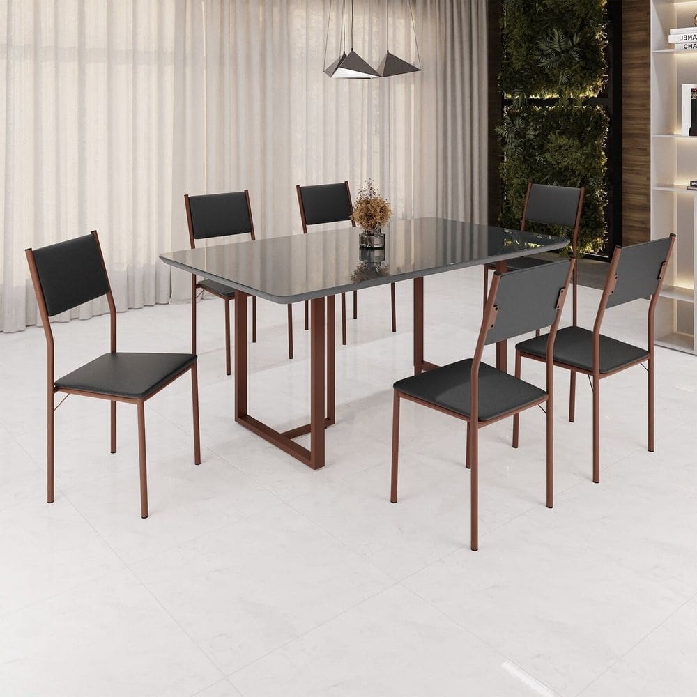 Conjunto Sala de Jantar Mesa 160x90cm Base Lunna Tampo Mdf Laca com Vidro Florença Preto/Marrom