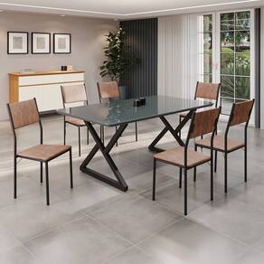 Conjunto Sala de Jantar Mesa 160x90cm Base Império Tampo Mdf Laca com Vidro Florença Marrom/Preto
