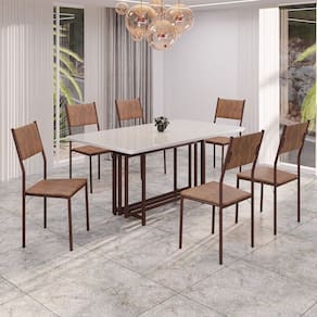 Conjunto Sala de Jantar Mesa 160x90cm Base Pérola Tampo Mdf Laca com Vidro Florença Marrom