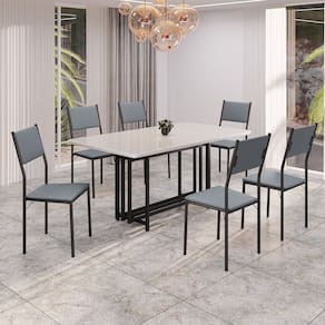 Conjunto Sala de Jantar Mesa 160x90cm Base Pérola Tampo Mdf Laca com Vidro Florença Grafite / Preto