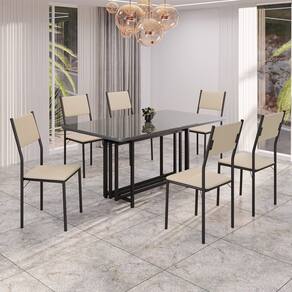 Conjunto Sala de Jantar Mesa 160x90cm Base Pérola Tampo Mdf Laca com Vidro Florença Creme / Preto