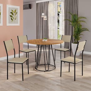 Conjunto Sala de Jantar Mesa Redonda 100cm Base Omega Tampo Mdf Florença Creme / Preto